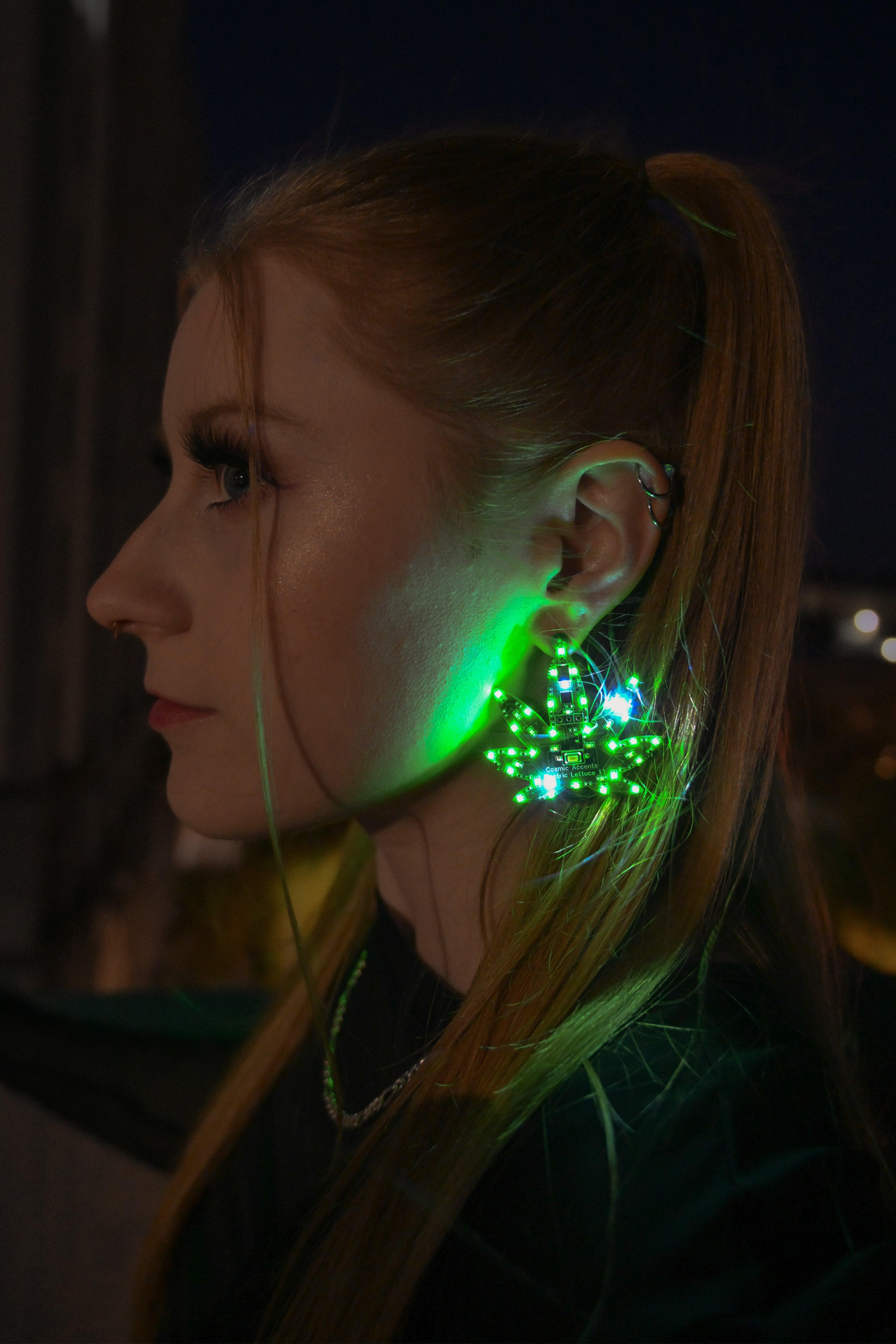 Electric Lettuce (Sound Reactive, Green Weed Leaf LED Earrings)