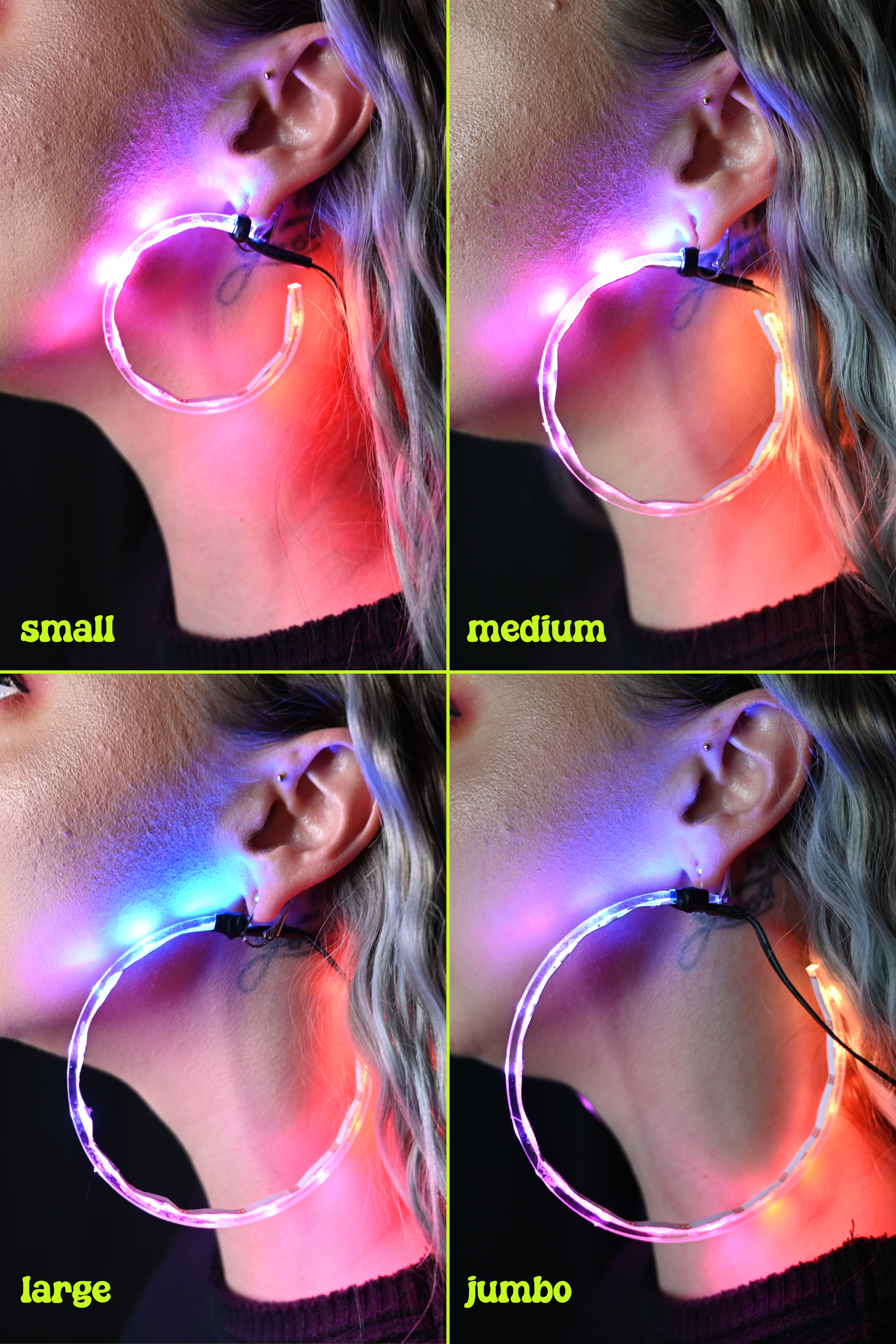 led earrings in 4 different sizes shown on model in 4 different pictures to show size comparison